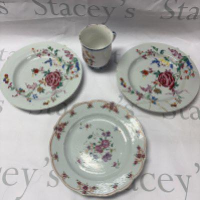 Three famille Chinese rose plates approx diameter 23cm and a mug decorated with figure