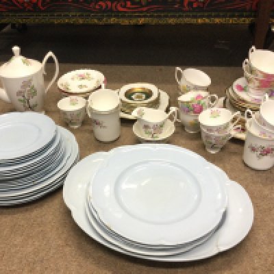 Part tea sets including Greydawn Johnson Bros plates. Royal Albert Flower of the month May Hawthorn, Royal Albert Lady Garlyle, Carousel Royal Stafford, Bavaria German plates etc. This lot cannot be posted