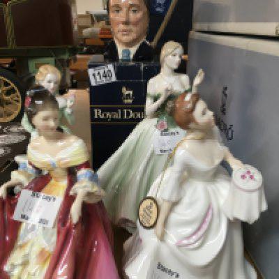 WITHDRAWN - Four Doulton figures a small character jug a boxed English enamel together with two Gaudi plates NO RESERVE