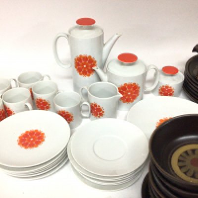 A mid 20th century design Thomas German porcelain tea coffee set with a an orange modern design pattern and a Denby ceramic dinner and tea set dark brown pattern. NO RESERVE