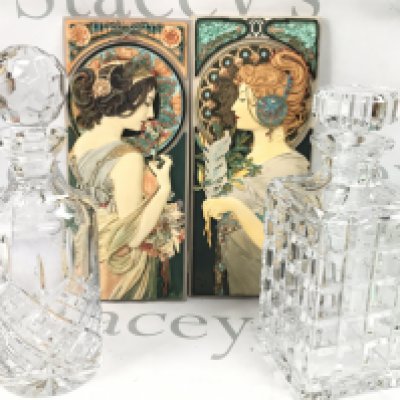 Decanters , one being Atlantis. Art nouveau style plaques. This lot cannot be posted