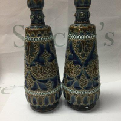 A pair of Doulton Lambeth ELizabeth Fisher vases decorated with floral Design.. 23 cm .