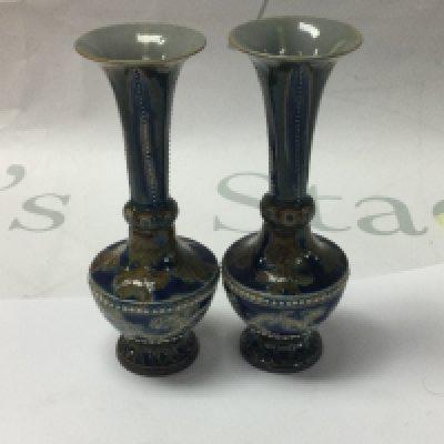 A pair of small Doulton Lambeth vases decorated by Sarah Fisher and Emma Martin. 13 cm