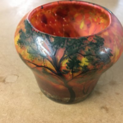 A Legras enamelled vase with landscape design circa 1910. Good condition. 11cm tall