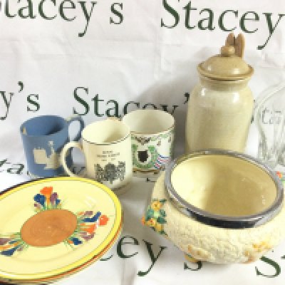 Collection of ceramics including Clarice Cliff plates, Celtic Harvest Clarice dish , Wedgwood mug etc. some damage. This lot cannot be posted