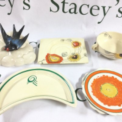 Clarice Cliff ceramics including orange floral dishes, moon shapes Clarice dish, Clarice Swallow bird wall pocket , The Biarritz Royal Staffordshire dish and soup bowl. Some chips and hairline cracks. This lot cannot be posted