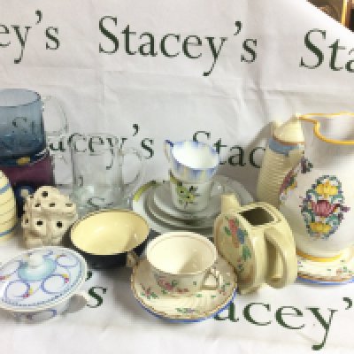 A collection of ceramics including Shelley flower holders, reproduced old Bristol porcelain designed by Duvivier Circa 1770 by Clarice Cliff cup and saucer, Newport Clarice tea jug, Clarice vase etc