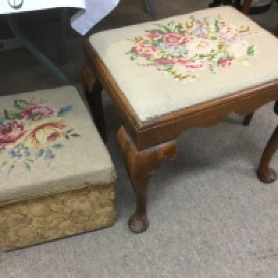 A George III style walnut stool with an embroidered seat and one other. Shipping category D. NO RESERVE