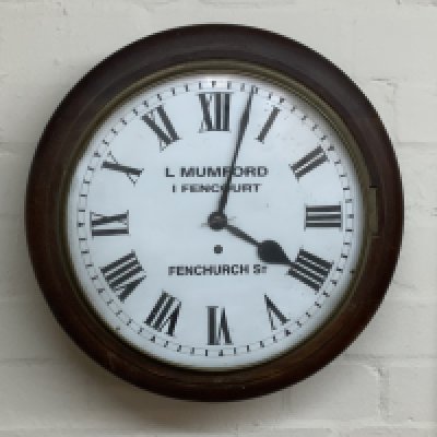 A Victorian single fusee wall clock with later dial for L Mumford, 1 Fencort, Fenchurch Street, pendulum present. (C)