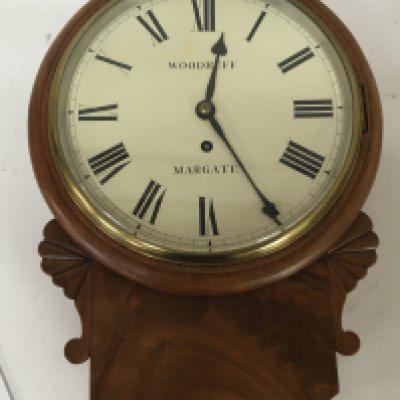 A walnut cased late 19th century wall clock with single fusee movement the dial with maker Woodruff Margate with pendulum dial diameter 30cm