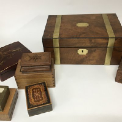 A Victorian brass bound walnut writing box for restoration a quantity of other boxes and a Victorian musical box (no mechanism)