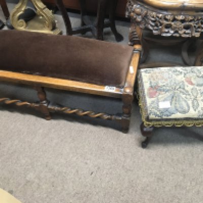 A rectangular oak stool with an upholstered seat and one other stool with cabriol legs (2)