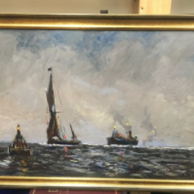 A Vic Ellis oil on canvas painting , steam boats and a sail boat at sea. 84x55cm