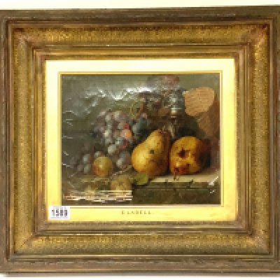 Edward LADELL, Attr. 1821-1886, Still life fruit with flagon and insects. Mounted witching glazed gilt gesso frame. Overall. 53cm x 48cm. Requires restoration.