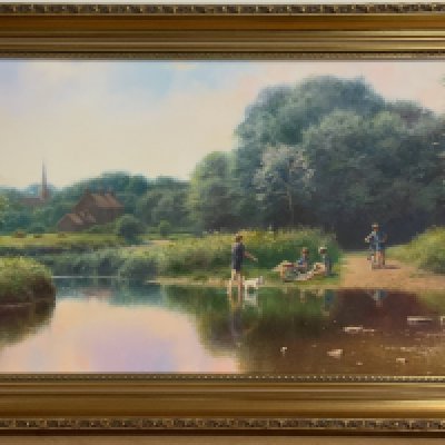 Tony Sheath 84cm x 36cm, Boys playing by a river. (D)