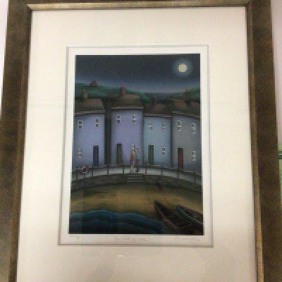 A limited edition modern art 20th century British coloured lithograph print by Paul Horton (b1958) the picture entitled The look of love with figures by a key side with buildings 165/195 signed in pencil in very good condition 57x70cm the reverse with certificate of authenticity.