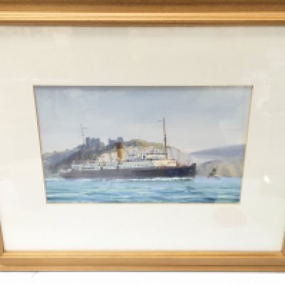 A framed marine watercolour of a steam ship, frame dimensions 50 x 40cm. This lot cannot be posted NO RESERVE