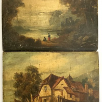 A pair of early oil on board paintings, countryside views. 25.5cm x 20cm