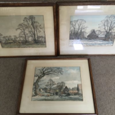 Three Mid 20th century Framed watercolours of rural winter scenes by Frederick William Baldwin, (1899-1984), frame dimensions 59x49cm. This lot cannot be posted