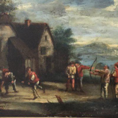 An early 19th century or earlier Continental oil painting on panel dipicting figures archery with buildings and mountains beyond indistinctly signed. 30x29cm