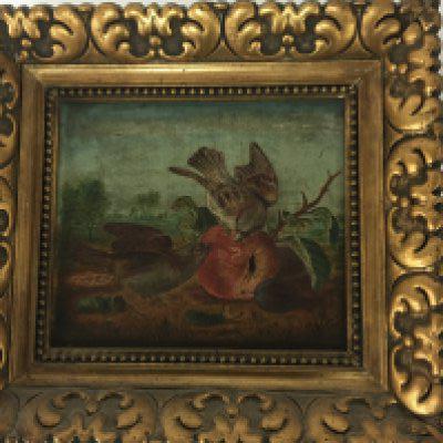 A gilt framed oil painting on canvas 19th century a study of garden birds eating fruit. Unsigned. 38x35cm