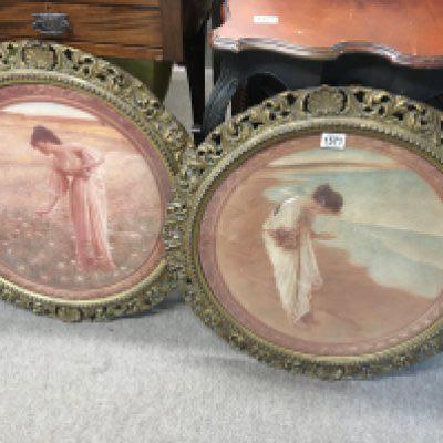 A pair of gilt framed early 20th century prints depicting female full length figures in a poppy field and a figure on a beach diameter 64cm wide.