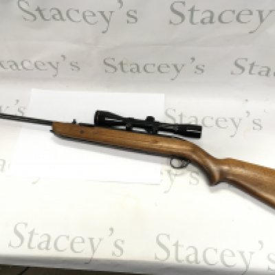 A .22 air rifle with mounted scope. 111cm overall length. Comes with slip.