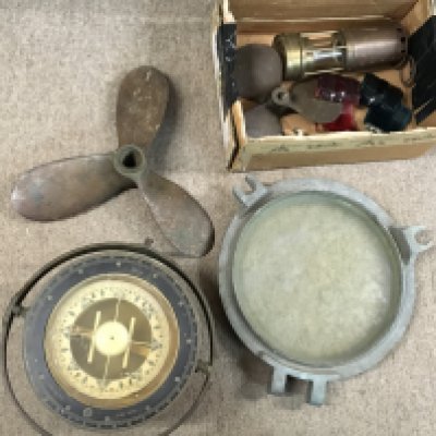 Vintage ship items including a divers knife, propellers , ships compass and a E. Thomas & Williams brass miners lamp