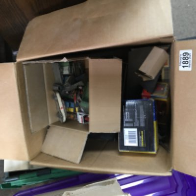 A box containing playworn die cast vintage toys and a quantity of dolls house furniture and other items. NO RESERVE