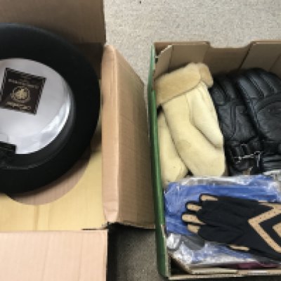A collection of gloves including leather , purses , riding hat Hawkins in black . Postage category B