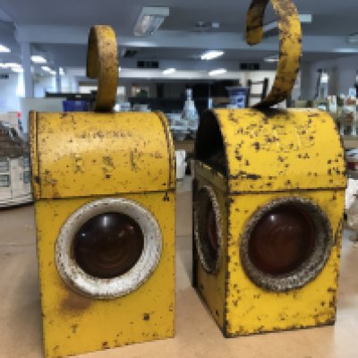 Two yellow vintage road workers lamps . This lot cannot be posted
