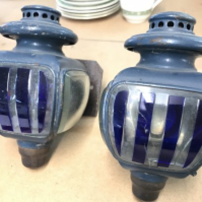 Early blue and white glass opera lamps for use on parking carriages outside at nights. This lot cannot be posted