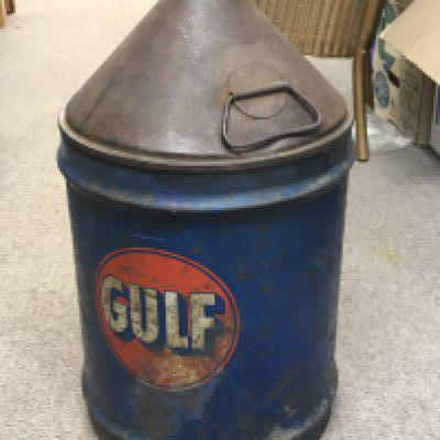 A vintage 5 gallon oil drum for gulf oil