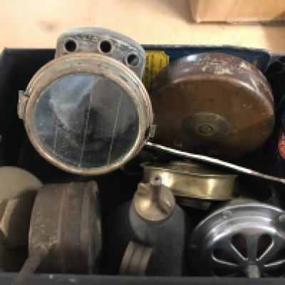 A small unusual early bike lamp, early brass tape measure impressed The Property of the Automobile association and various other items including GWR tape measure. This lot cannot be posted