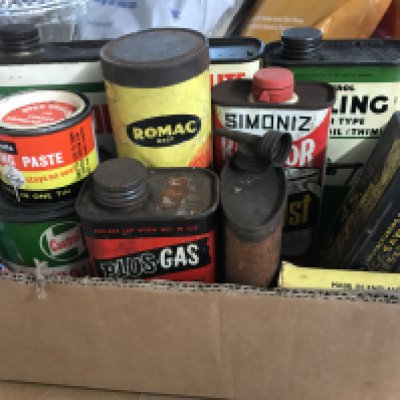 A collection of various vintage motoring tins including Plus gas, Castrol grease, anti rust etc