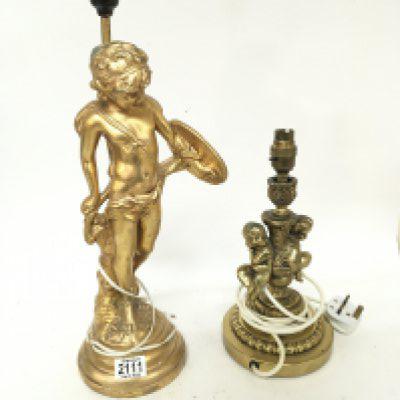 Two table lamps a brass lamp surmounted with two putti and the other a Neo classical figure (2)