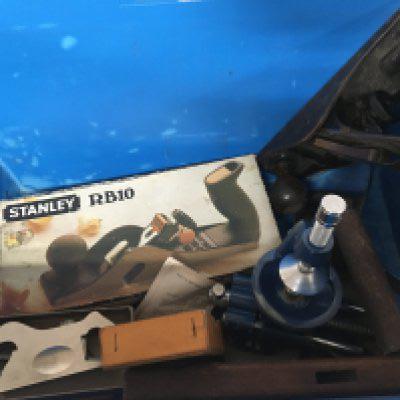 A Vintage office angle poise lamp and a quantity of steel wood planes including a Stanley RB10 boxed