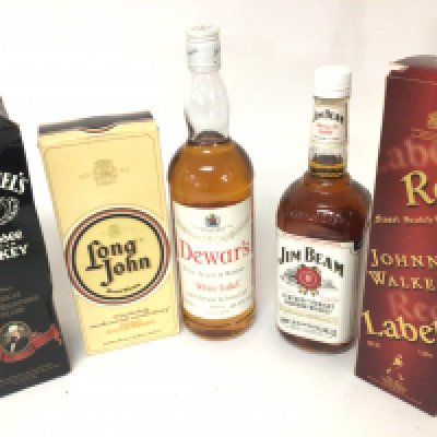 A Bottle of Dewars Scottish Perth Whiskey 1litre a Bottle of Jim Beam Johnnie walker red label Long John and a bottle of Jack Daniel̢&#2013265925&#2013265947&#2013266282s (5)