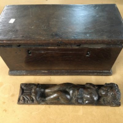 18th century mini chest together with 19th century carved wooden cherub in oak. Cheub 12" x 2.5