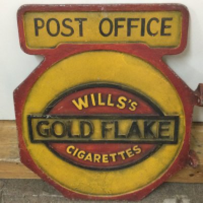 A cast iron retrospective Post Office Wills Gold Flake Cigarettes sign. 47m wide 55cm tall