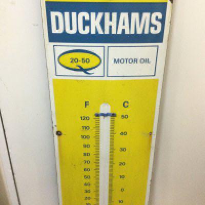 A rare vintage Duckhams Motor Oil Thermometer Enamel Sign, 33cm wide , 92cm tall.