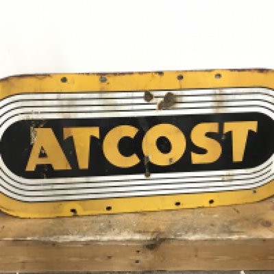 A vintage Atcost farm building enamel sign , 76cm long, 30cm tall