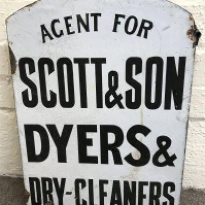 Vintage Scott & Son Dyers & Dry cleaners double sided enamel advertising sign , by Hancock & Corfield London. 32cm wide 46cm tall.