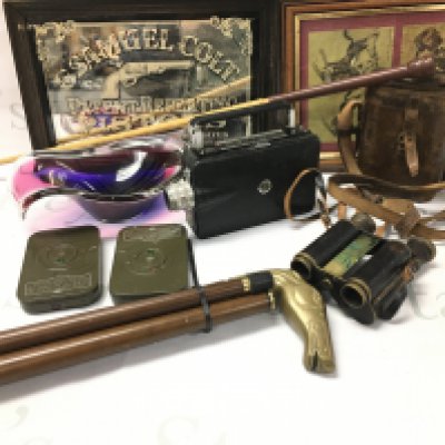 WITHDRAWN - A Collection of Oddments Including a Riding Crop. A Vintage Kodak Camera with 2 Cartridges. A G. Samuel Colt Mirror. A Horse Topped Walking Stick With A Hidden Drinks Vessel. Etc.