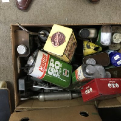 Three boxes containing tins oil cans valves various.