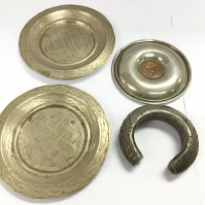 A Nigerian slave bangle and three silver plated dishes. Postage B NO RESERVE