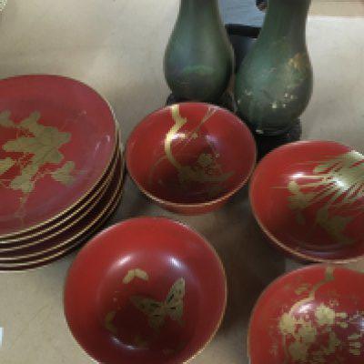 A pair of lacquer vase and dishes . NO RESERVE