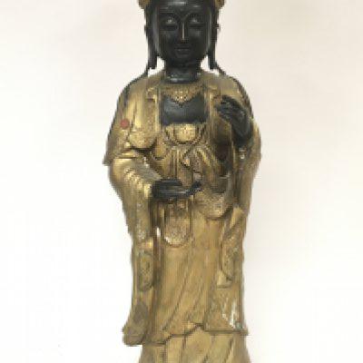 A large bronze figure The Tibetan goddess Tara in a gilt robe heigh 76cm
