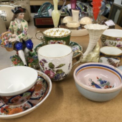 A collection of 19th Century and later porcelains including Derby, Beleek, Augustus Rex and a Dresden style figure