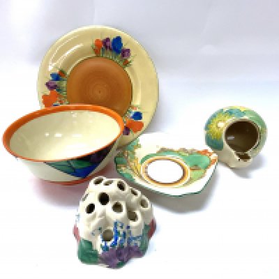 A small collection of Clarice Cliff pottery, some damage. (D) including a Grays pottery ashtray.
